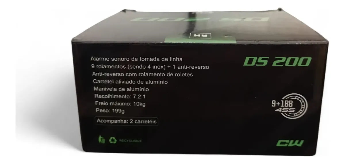 Carretilha Pesca Cw Ds 200 10rol Drag 10kg 2 Carreteis Preto