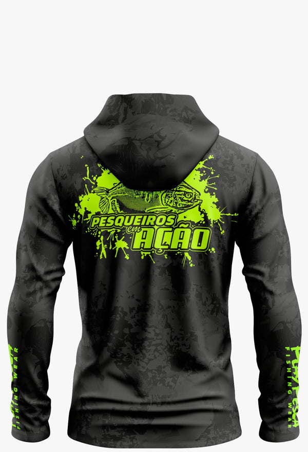 Camiseta Pesqueiro em Ação Black C/Verde com Capuz