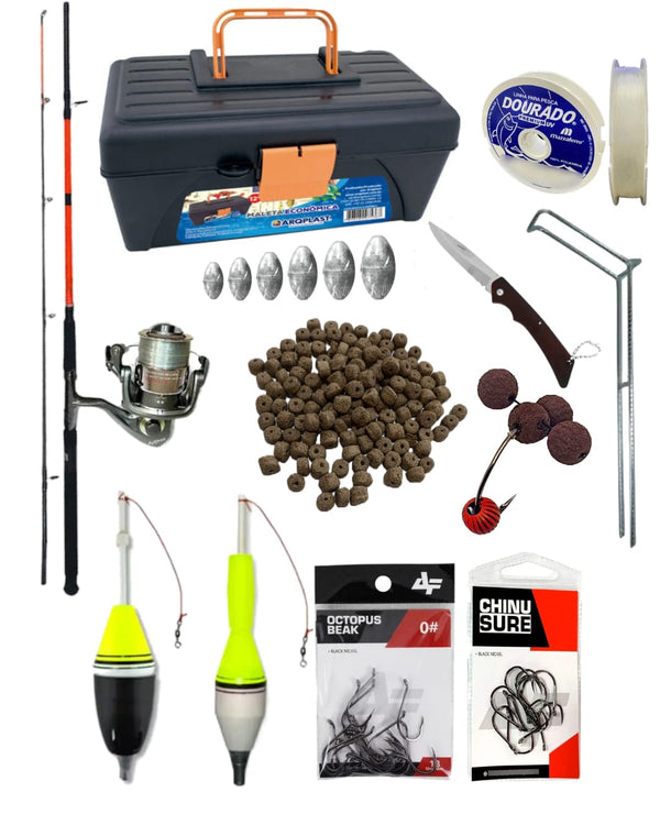Kit vara Manjuba de 2,40 Metros com Molinete MP 50 Albatroz com 3 Rolamentos +Maleta Completa